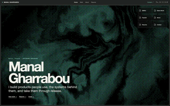 The first version of this portfolio: a dark green dither portrait behind a big name and a grid of file icons.
