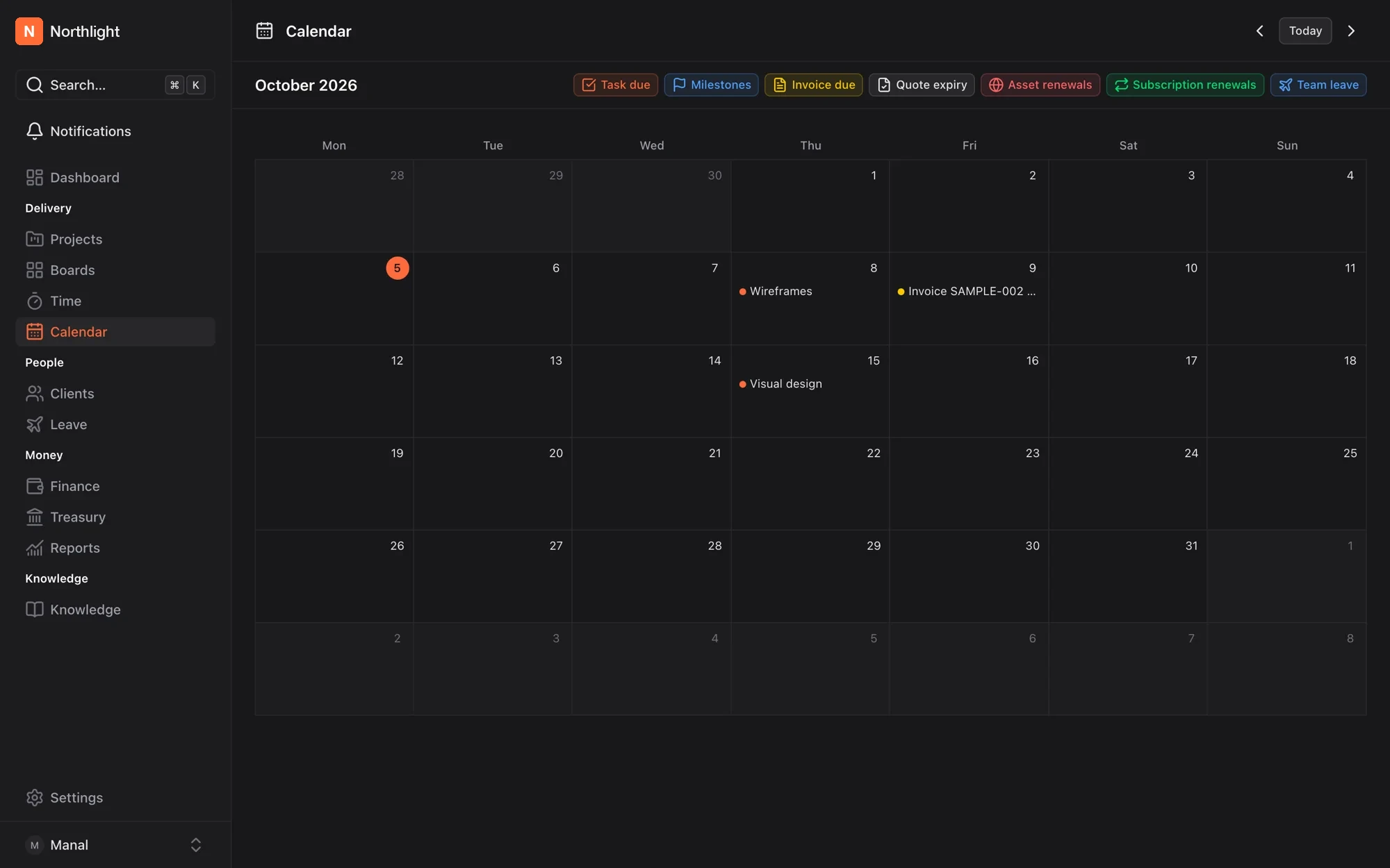 A month calendar aggregating task due dates, milestones, invoice due dates and renewals, with filter chips for each source.