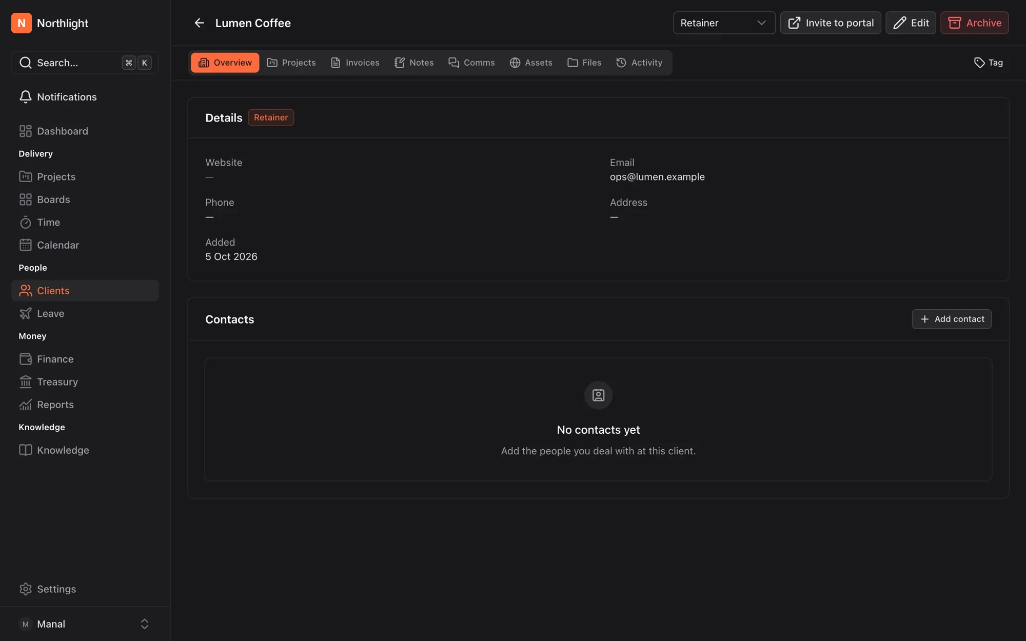 A client record with tabs for overview, projects, invoices, notes, communications, assets, files and activity, plus an “Invite to portal” action.