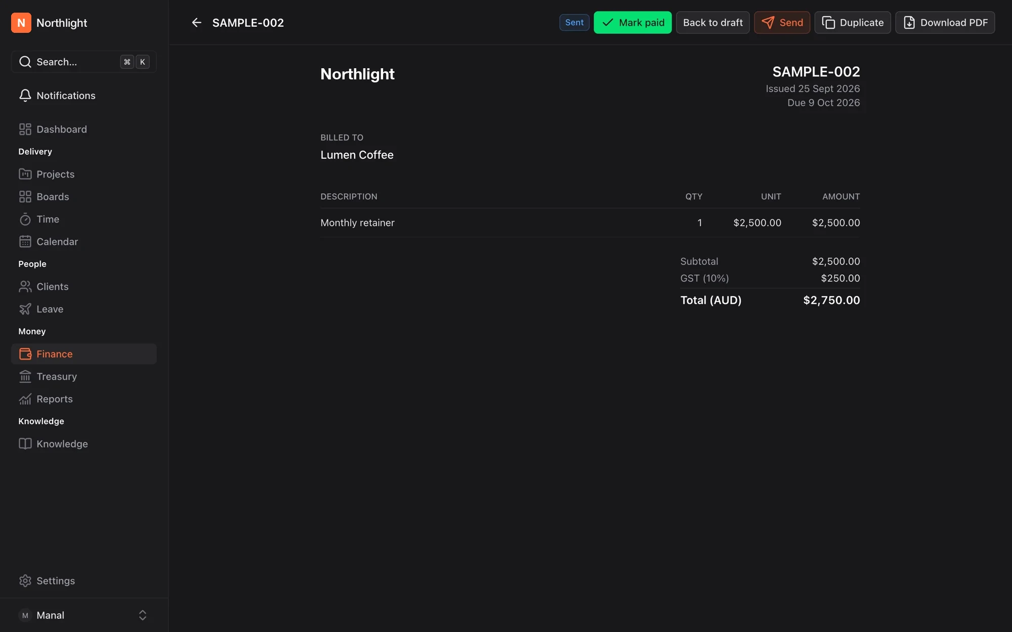 An invoice detail page showing the billed client, a line item, subtotal, GST and total, with actions to mark it paid, send it, duplicate it and download a PDF.