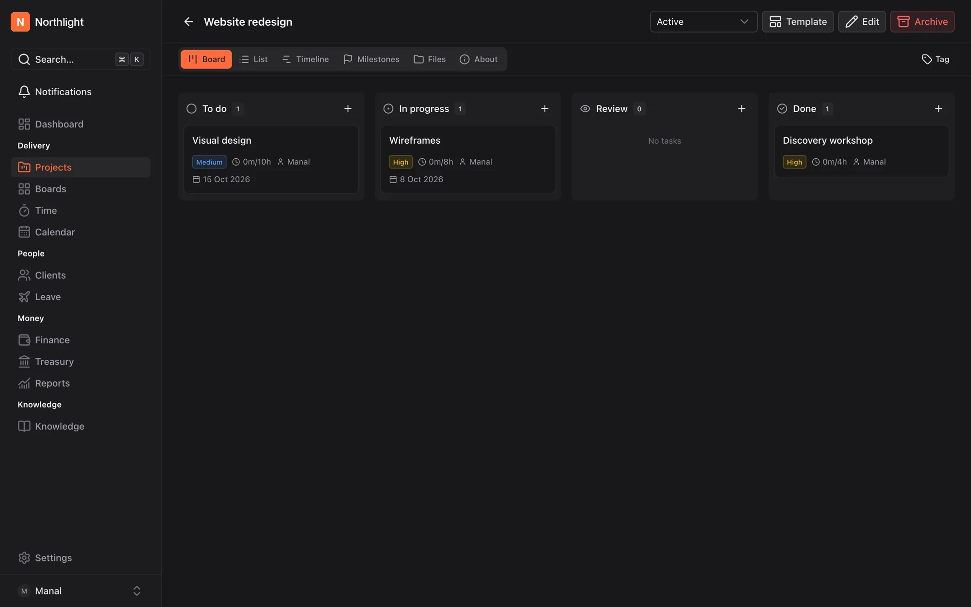 Agency Ops project view for “Website redesign”: a kanban board with To do, In progress, Review and Done columns, task cards showing priority, estimates, assignees and due dates, beside the app’s sidebar of Delivery, People, Money and Knowledge sections.