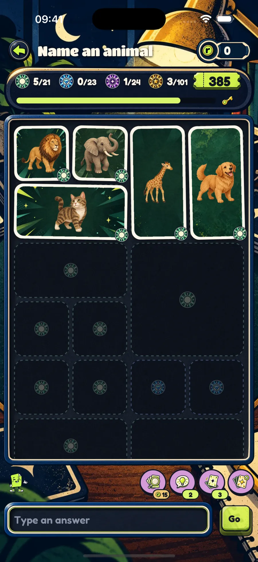 The Name an animal board mid-game, with illustrated common cards for lion, elephant, cat, giraffe and dog, and counters showing commons, epics and myths found.