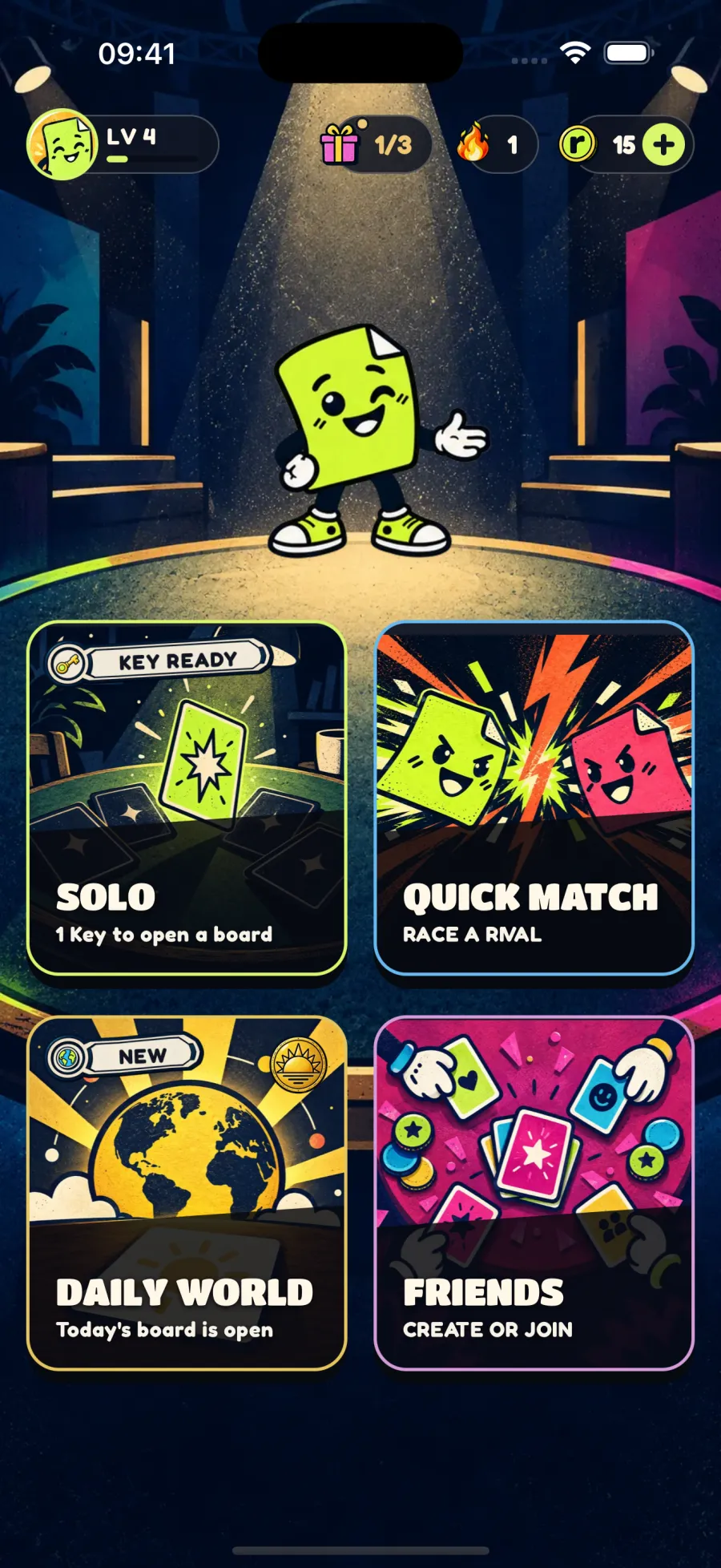 Home screen with the mascot Riff on a spotlit stage, level, streak and token counters, and illustrated tiles for Solo, Quick Match, Daily World and Friends.
