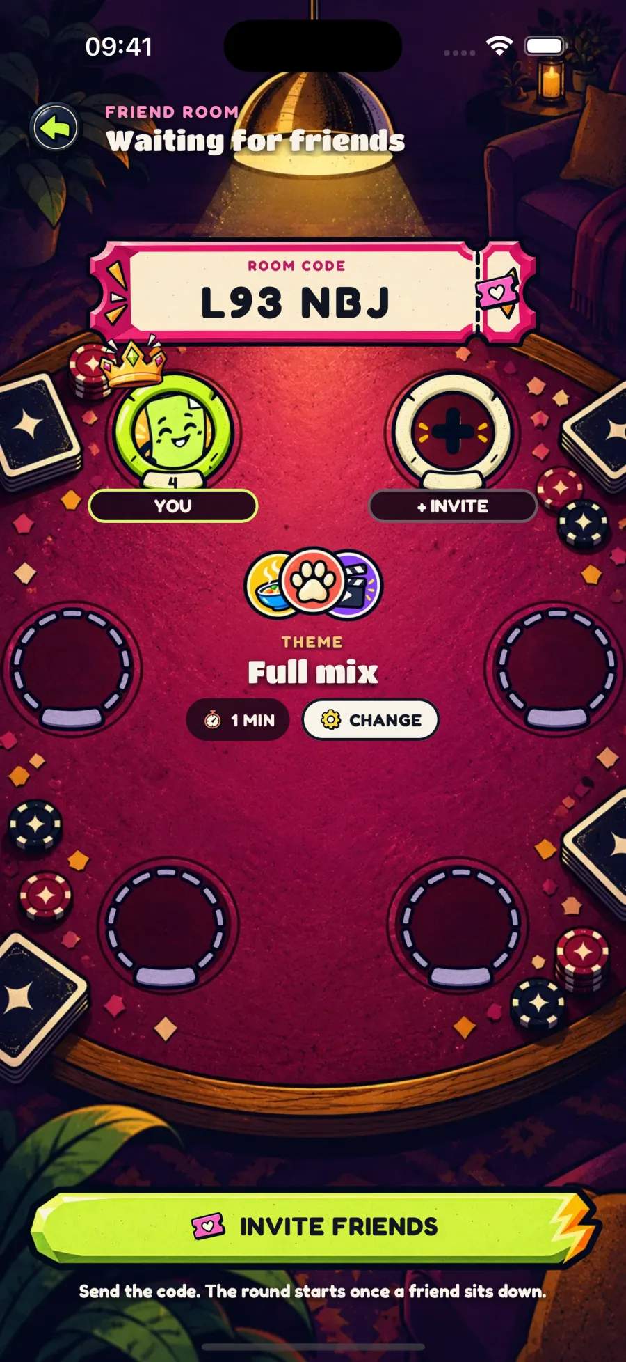 Friend room lobby around a card table, with the room code L93 NBJ, the host seat, an invite seat, the theme and the round timer.